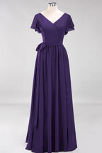 Misshow Elegantes A-Linien-Brautjungfernkleid mit V-Ausschnitt und kurzen Ärmeln, Schleife und Schärpe, bodenlanges Chiffon-Abendkleid