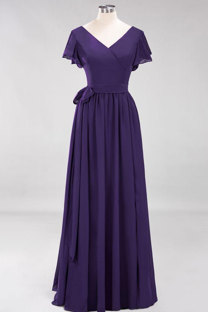 Misshow Elegantes A-Linien-Brautjungfernkleid mit V-Ausschnitt und kurzen Ärmeln, Schleife und Schärpe, bodenlanges Chiffon-Abendkleid