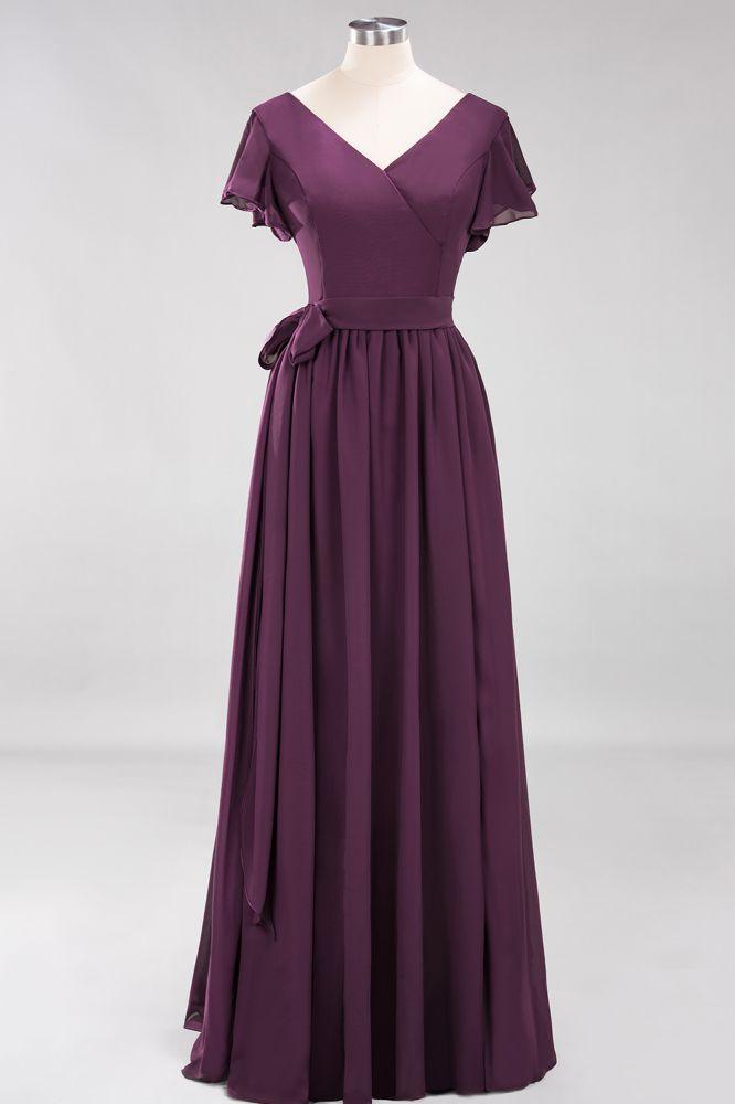Misshow Elegantes A-Linien-Brautjungfernkleid mit V-Ausschnitt und kurzen Ärmeln, Schleife und Schärpe, bodenlanges Chiffon-Abendkleid
