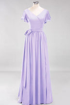Misshow Elegantes A-Linien-Brautjungfernkleid mit V-Ausschnitt und kurzen Ärmeln, Schleife und Schärpe, bodenlanges Chiffon-Abendkleid