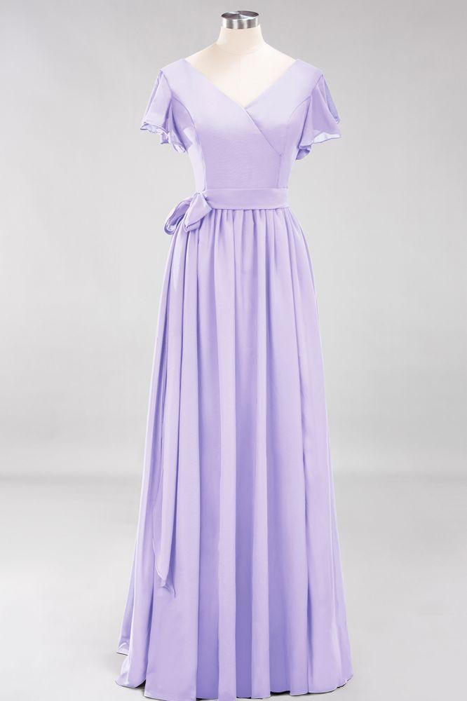 Misshow Elegantes A-Linien-Brautjungfernkleid mit V-Ausschnitt und kurzen Ärmeln, Schleife und Schärpe, bodenlanges Chiffon-Abendkleid