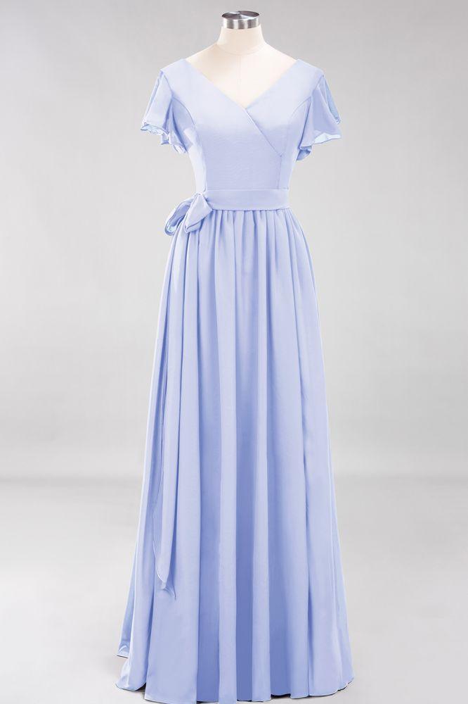 Misshow Elegantes A-Linien-Brautjungfernkleid mit V-Ausschnitt und kurzen Ärmeln, Schleife und Schärpe, bodenlanges Chiffon-Abendkleid