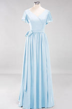 Misshow Elegantes A-Linien-Brautjungfernkleid mit V-Ausschnitt und kurzen Ärmeln, Schleife und Schärpe, bodenlanges Chiffon-Abendkleid