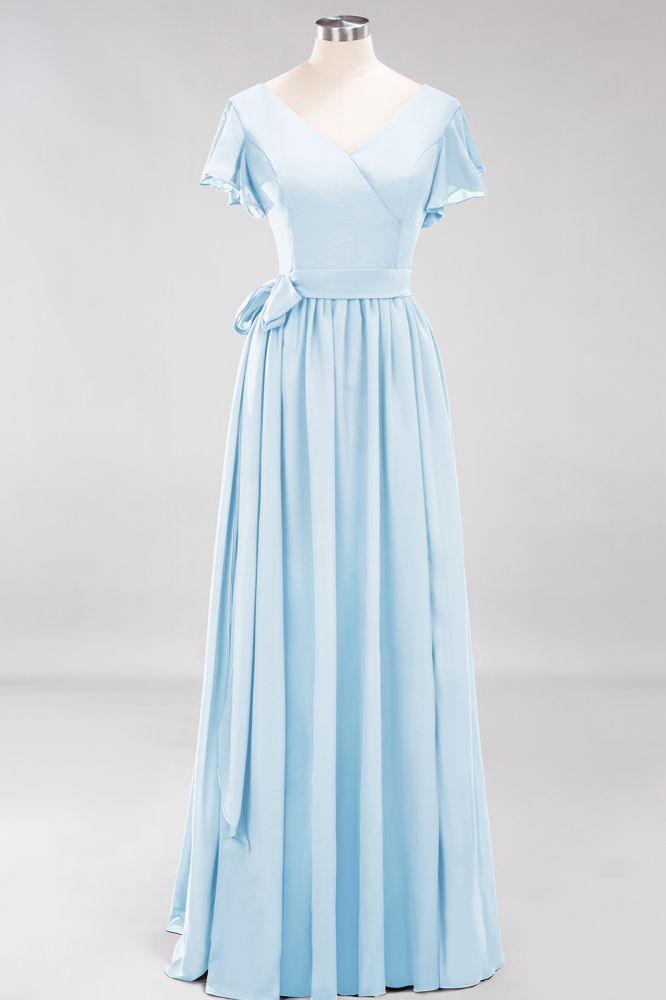 Misshow Elegantes A-Linien-Brautjungfernkleid mit V-Ausschnitt und kurzen Ärmeln, Schleife und Schärpe, bodenlanges Chiffon-Abendkleid