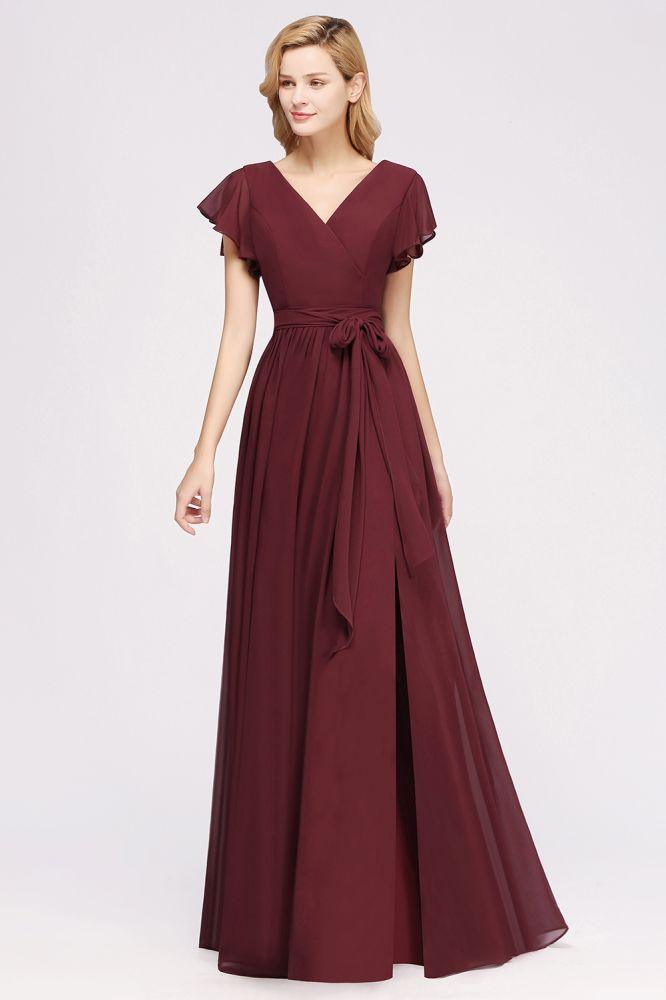 Misshow Elegantes A-Linien-Brautjungfernkleid mit V-Ausschnitt und kurzen Ärmeln, Schleife und Schärpe, bodenlanges Chiffon-Abendkleid