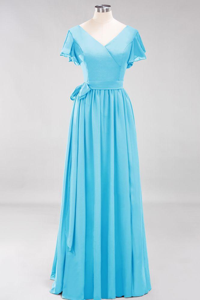 Misshow Elegantes A-Linien-Brautjungfernkleid mit V-Ausschnitt und kurzen Ärmeln, Schleife und Schärpe, bodenlanges Chiffon-Abendkleid