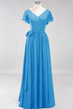 Misshow Elegantes A-Linien-Brautjungfernkleid mit V-Ausschnitt und kurzen Ärmeln, Schleife und Schärpe, bodenlanges Chiffon-Abendkleid