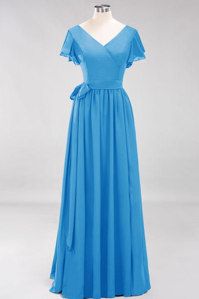 Misshow Elegantes A-Linien-Brautjungfernkleid mit V-Ausschnitt und kurzen Ärmeln, Schleife und Schärpe, bodenlanges Chiffon-Abendkleid