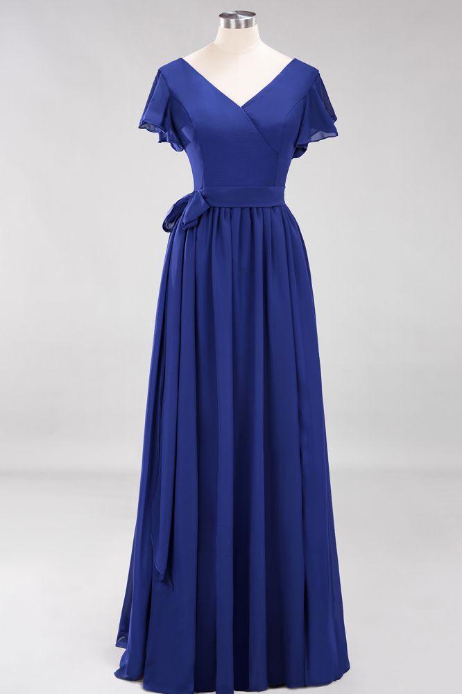 Misshow Elegantes A-Linien-Brautjungfernkleid mit V-Ausschnitt und kurzen Ärmeln, Schleife und Schärpe, bodenlanges Chiffon-Abendkleid