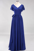 Misshow Elegantes A-Linien-Brautjungfernkleid mit V-Ausschnitt und kurzen Ärmeln, Schleife und Schärpe, bodenlanges Chiffon-Abendkleid
