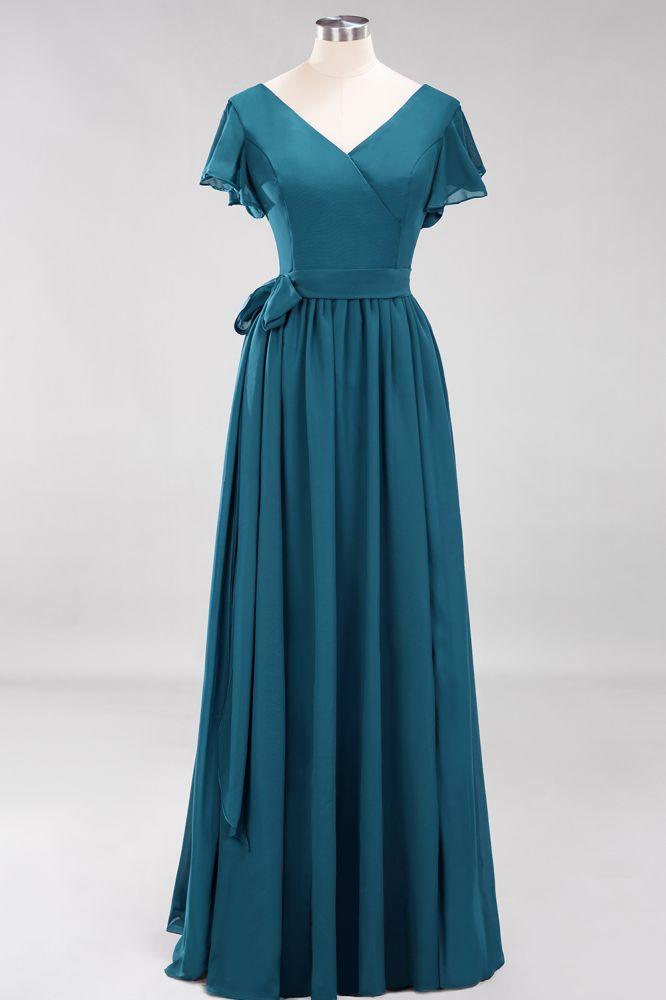 Misshow Elegantes A-Linien-Brautjungfernkleid mit V-Ausschnitt und kurzen Ärmeln, Schleife und Schärpe, bodenlanges Chiffon-Abendkleid