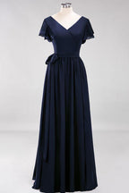 Misshow Elegantes A-Linien-Brautjungfernkleid mit V-Ausschnitt und kurzen Ärmeln, Schleife und Schärpe, bodenlanges Chiffon-Abendkleid