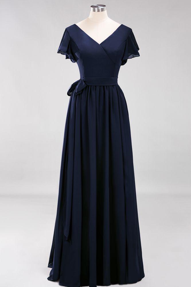 Misshow Elegantes A-Linien-Brautjungfernkleid mit V-Ausschnitt und kurzen Ärmeln, Schleife und Schärpe, bodenlanges Chiffon-Abendkleid