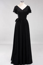 Misshow Elegantes A-Linien-Brautjungfernkleid mit V-Ausschnitt und kurzen Ärmeln, Schleife und Schärpe, bodenlanges Chiffon-Abendkleid