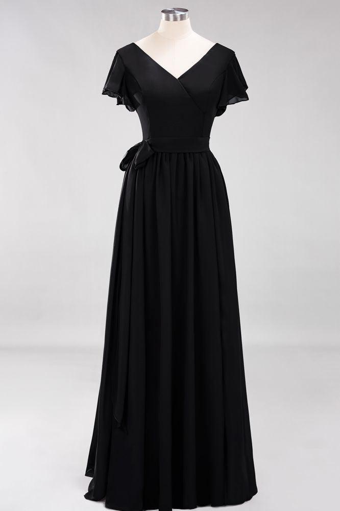 Misshow Elegantes A-Linien-Brautjungfernkleid mit V-Ausschnitt und kurzen Ärmeln, Schleife und Schärpe, bodenlanges Chiffon-Abendkleid