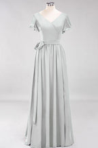 Misshow Elegantes A-Linien-Brautjungfernkleid mit V-Ausschnitt und kurzen Ärmeln, Schleife und Schärpe, bodenlanges Chiffon-Abendkleid