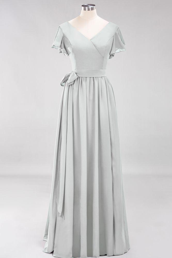 Misshow Elegantes A-Linien-Brautjungfernkleid mit V-Ausschnitt und kurzen Ärmeln, Schleife und Schärpe, bodenlanges Chiffon-Abendkleid