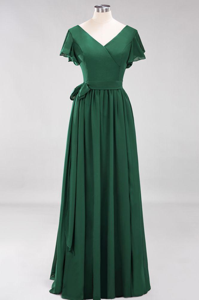 Misshow Elegantes A-Linien-Brautjungfernkleid mit V-Ausschnitt und kurzen Ärmeln, Schleife und Schärpe, bodenlanges Chiffon-Abendkleid
