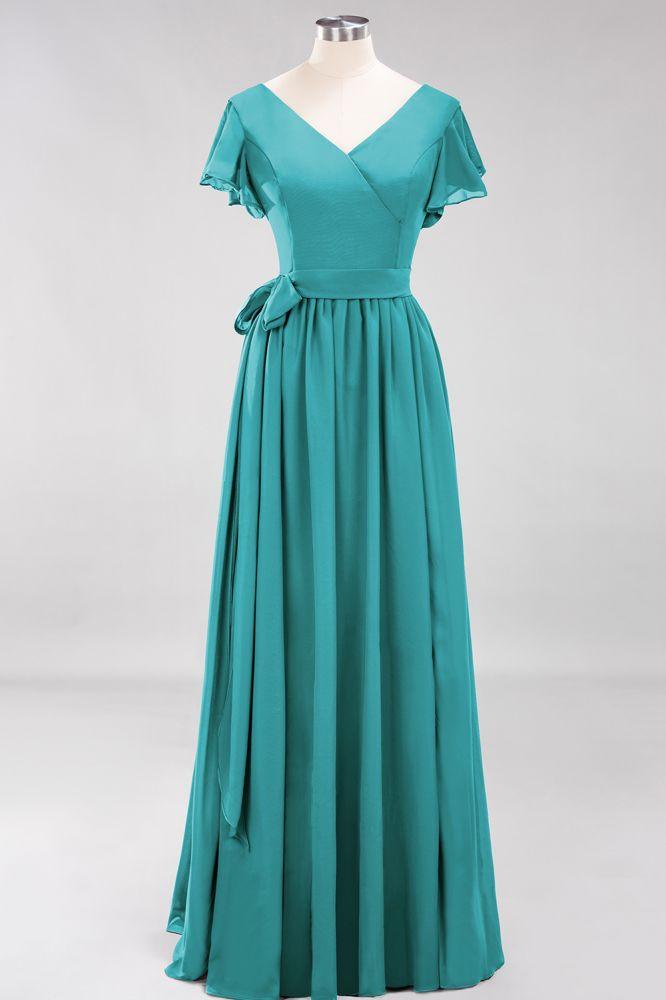 Misshow Elegantes A-Linien-Brautjungfernkleid mit V-Ausschnitt und kurzen Ärmeln, Schleife und Schärpe, bodenlanges Chiffon-Abendkleid