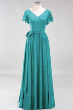 Misshow Elegantes A-Linien-Brautjungfernkleid mit V-Ausschnitt und kurzen Ärmeln, Schleife und Schärpe, bodenlanges Chiffon-Abendkleid