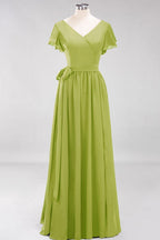 Misshow Elegantes A-Linien-Brautjungfernkleid mit V-Ausschnitt und kurzen Ärmeln, Schleife und Schärpe, bodenlanges Chiffon-Abendkleid