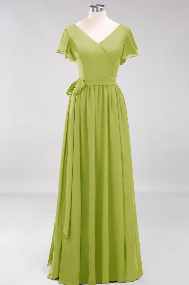 Misshow Elegantes A-Linien-Brautjungfernkleid mit V-Ausschnitt und kurzen Ärmeln, Schleife und Schärpe, bodenlanges Chiffon-Abendkleid