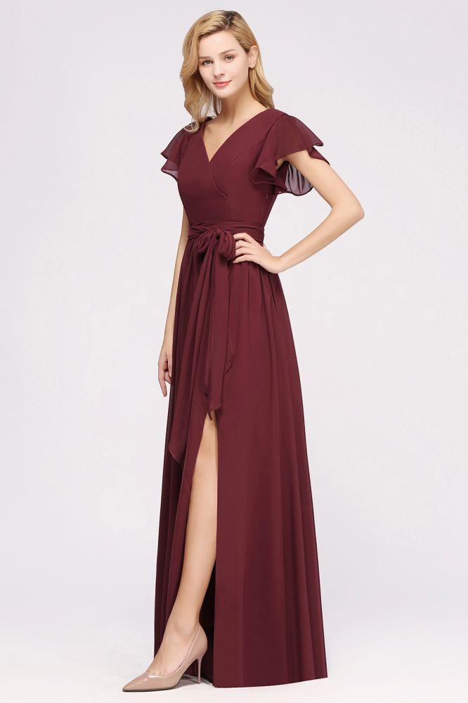 Misshow Elegantes A-Linien-Brautjungfernkleid mit V-Ausschnitt und kurzen Ärmeln, Schleife und Schärpe, bodenlanges Chiffon-Abendkleid