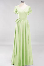 Misshow Elegantes A-Linien-Brautjungfernkleid mit V-Ausschnitt und kurzen Ärmeln, Schleife und Schärpe, bodenlanges Chiffon-Abendkleid