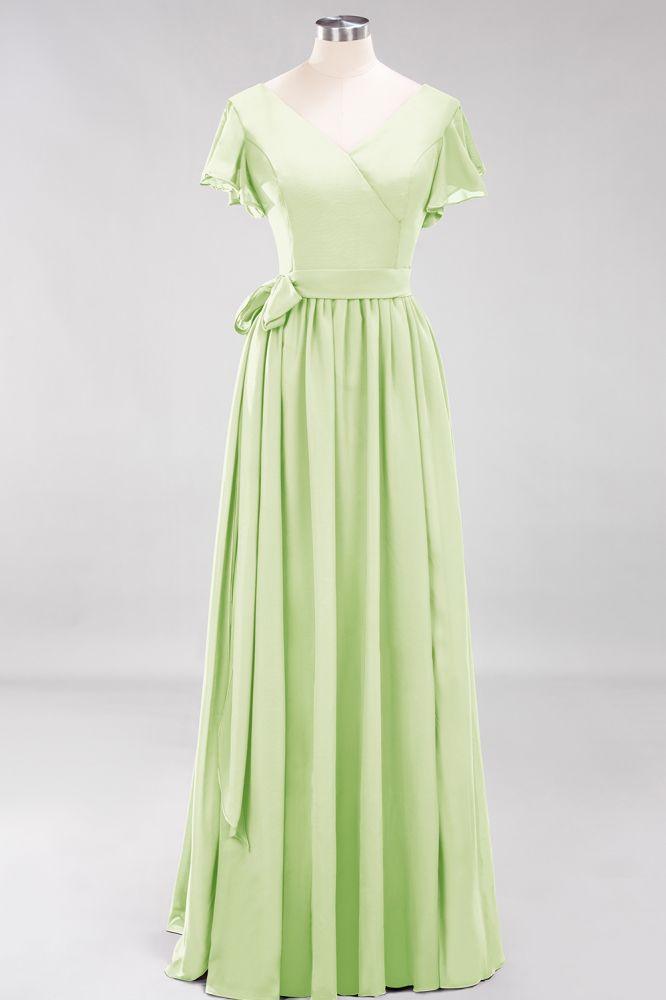 Misshow Elegantes A-Linien-Brautjungfernkleid mit V-Ausschnitt und kurzen Ärmeln, Schleife und Schärpe, bodenlanges Chiffon-Abendkleid