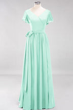 Misshow Elegantes A-Linien-Brautjungfernkleid mit V-Ausschnitt und kurzen Ärmeln, Schleife und Schärpe, bodenlanges Chiffon-Abendkleid