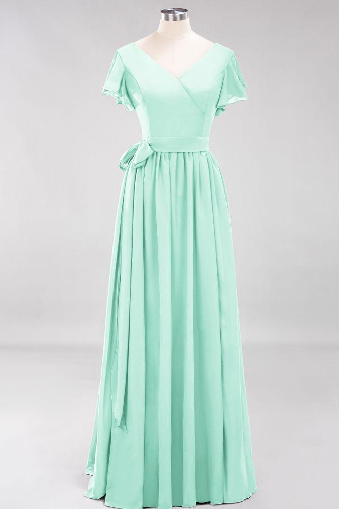 Misshow Elegantes A-Linien-Brautjungfernkleid mit V-Ausschnitt und kurzen Ärmeln, Schleife und Schärpe, bodenlanges Chiffon-Abendkleid
