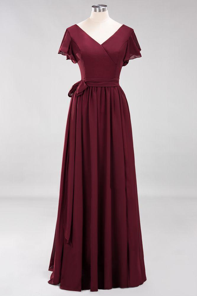 Misshow Elegantes A-Linien-Brautjungfernkleid mit V-Ausschnitt und kurzen Ärmeln, Schleife und Schärpe, bodenlanges Chiffon-Abendkleid