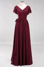 Misshow Elegantes A-Linien-Brautjungfernkleid mit V-Ausschnitt und kurzen Ärmeln, Schleife und Schärpe, bodenlanges Chiffon-Abendkleid