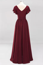 Misshow Elegantes A-Linien-Brautjungfernkleid mit V-Ausschnitt und kurzen Ärmeln, Schleife und Schärpe, bodenlanges Chiffon-Abendkleid