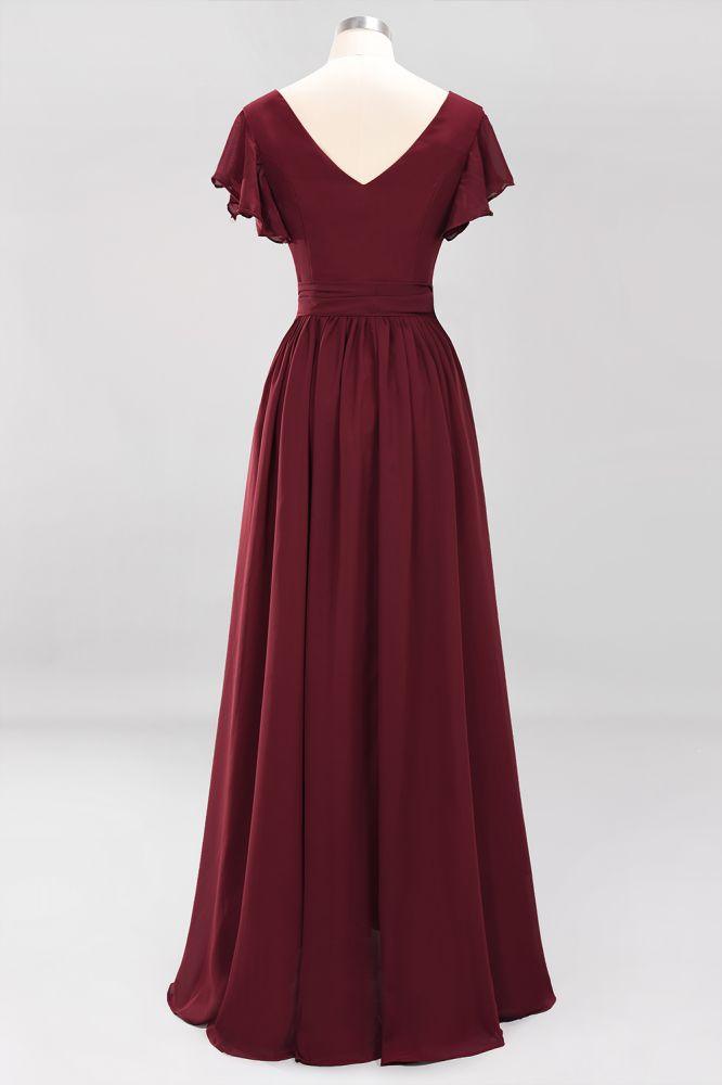 Misshow Elegantes A-Linien-Brautjungfernkleid mit V-Ausschnitt und kurzen Ärmeln, Schleife und Schärpe, bodenlanges Chiffon-Abendkleid