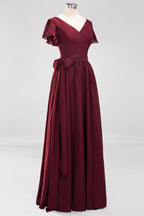 Misshow Elegantes A-Linien-Brautjungfernkleid mit V-Ausschnitt und kurzen Ärmeln, Schleife und Schärpe, bodenlanges Chiffon-Abendkleid
