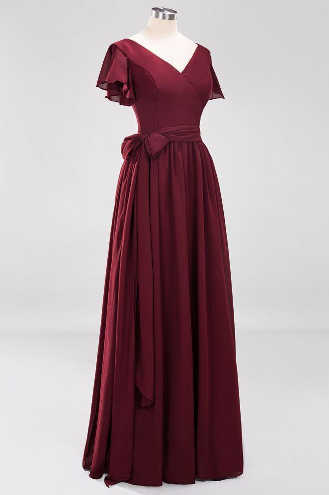 Misshow Elegantes A-Linien-Brautjungfernkleid mit V-Ausschnitt und kurzen Ärmeln, Schleife und Schärpe, bodenlanges Chiffon-Abendkleid