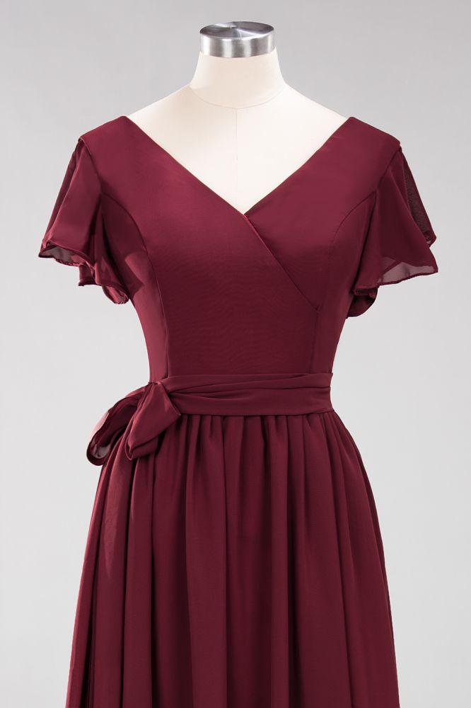 Misshow Elegantes A-Linien-Brautjungfernkleid mit V-Ausschnitt und kurzen Ärmeln, Schleife und Schärpe, bodenlanges Chiffon-Abendkleid