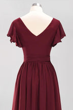 Misshow Elegantes A-Linien-Brautjungfernkleid mit V-Ausschnitt und kurzen Ärmeln, Schleife und Schärpe, bodenlanges Chiffon-Abendkleid