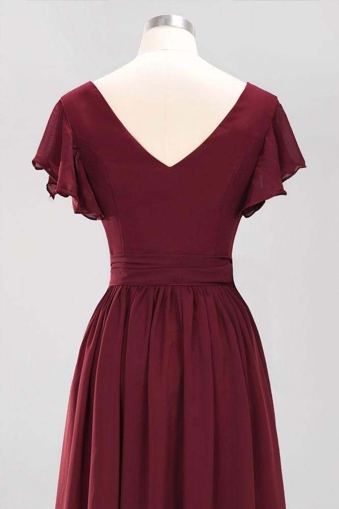 Misshow Elegantes A-Linien-Brautjungfernkleid mit V-Ausschnitt und kurzen Ärmeln, Schleife und Schärpe, bodenlanges Chiffon-Abendkleid
