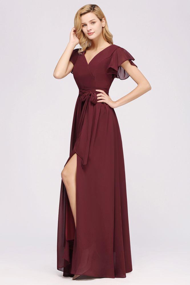 Misshow Elegantes A-Linien-Brautjungfernkleid mit V-Ausschnitt und kurzen Ärmeln, Schleife und Schärpe, bodenlanges Chiffon-Abendkleid