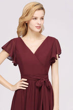 Misshow Elegantes A-Linien-Brautjungfernkleid mit V-Ausschnitt und kurzen Ärmeln, Schleife und Schärpe, bodenlanges Chiffon-Abendkleid