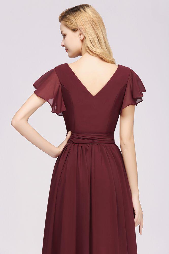 Misshow Elegantes A-Linien-Brautjungfernkleid mit V-Ausschnitt und kurzen Ärmeln, Schleife und Schärpe, bodenlanges Chiffon-Abendkleid