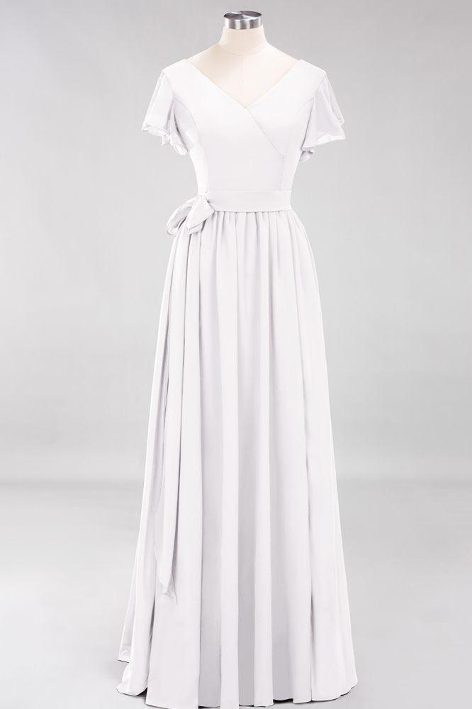 Misshow Elegantes A-Linien-Brautjungfernkleid mit V-Ausschnitt und kurzen Ärmeln, Schleife und Schärpe, bodenlanges Chiffon-Abendkleid