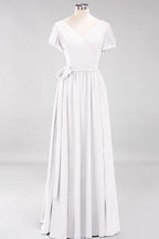 Misshow Elegantes A-Linien-Brautjungfernkleid mit V-Ausschnitt und kurzen Ärmeln, Schleife und Schärpe, bodenlanges Chiffon-Abendkleid
