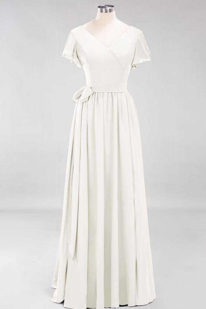 Misshow Elegantes A-Linien-Brautjungfernkleid mit V-Ausschnitt und kurzen Ärmeln, Schleife und Schärpe, bodenlanges Chiffon-Abendkleid