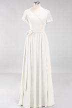 Misshow Elegantes A-Linien-Brautjungfernkleid mit V-Ausschnitt und kurzen Ärmeln, Schleife und Schärpe, bodenlanges Chiffon-Abendkleid