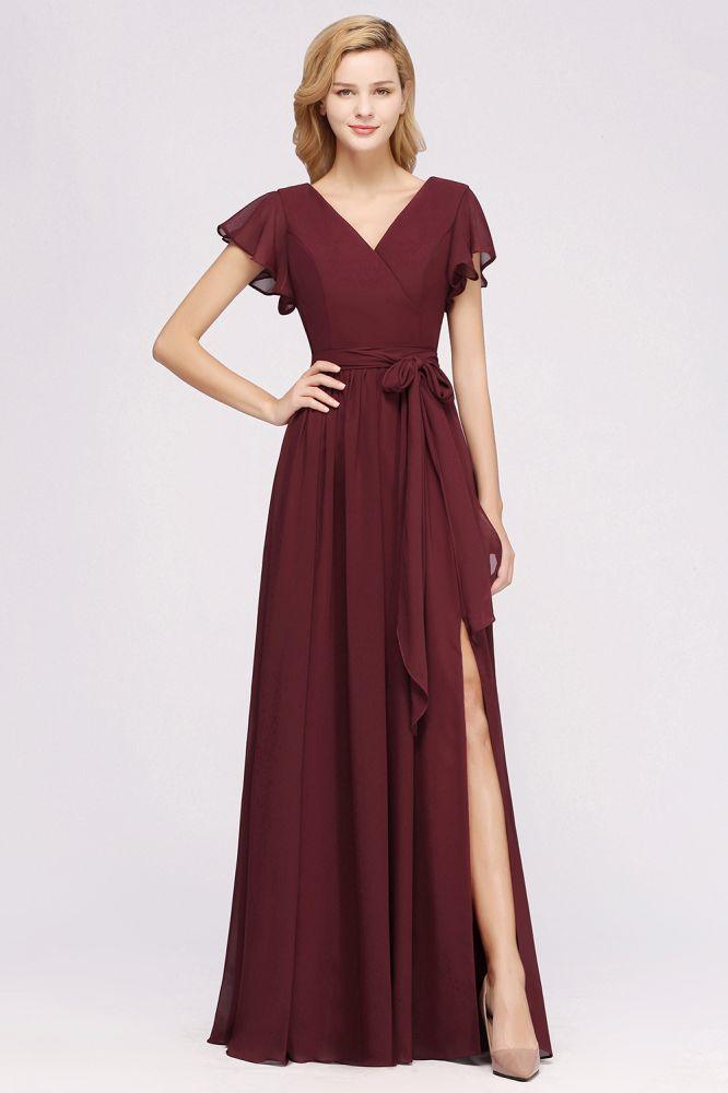 Misshow Elegantes A-Linien-Brautjungfernkleid mit V-Ausschnitt und kurzen Ärmeln, Schleife und Schärpe, bodenlanges Chiffon-Abendkleid