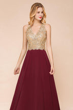 Vestido de noche formal MisShow para mujer con apliques dorados, de gasa y encaje, vestido largo de fiesta