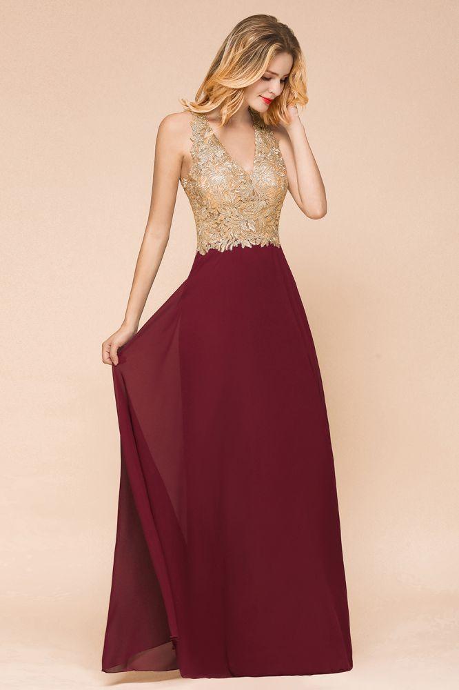 Vestido de noche formal MisShow para mujer con apliques dorados, de gasa y encaje, vestido largo de fiesta